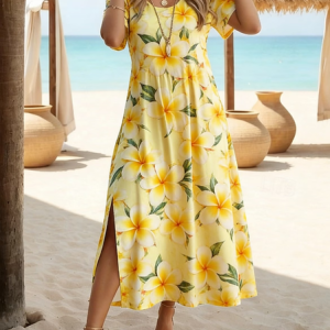 Women Floral Short Sleeve Crew Neck Printing Dress Daily Casual Maxi T-Shirt Dress H-Line Summer Dress, JustFashionNow Casual Dresses, color:Yellow|size:4XL