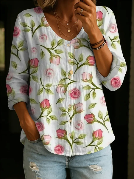 Women Floral V Neck Long Sleeve Blouse Printing Casual Daily Spring/Fall Top, JustFashionNow Blouses, color:White|size:5XL - Image 2