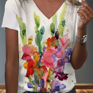 Women Abstract Short Sleeve Tee T-shirt V Neck Printing Vintage Summer Top, JustFashionNow T-Shirts, color:White|size:4XL