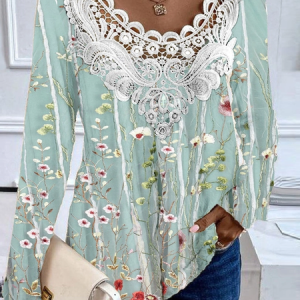 Women Floral Long Sleeve Tee T-shirt Crew Neck Printing Casual Graphic Tee Spring/Fall Top, JustFashionNow T-Shirts, color:Green|size:4XL