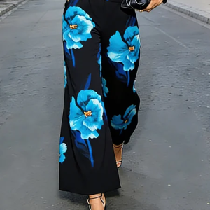 Casual Floral Printing Wide Leg Pants, Pants, color:As Picture|size:XXL, Stylewe