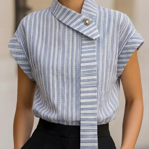 Urban Striped Printing Tie Neck Blouse, Blouses and Shirts, color:Blue|size:XXL, Stylewe