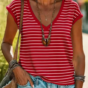 Women Striped Short Sleeve Tee T-shirt V Neck Printing Vintage Summer Top, JustFashionNow T-Shirts, color:Red|size:4XL