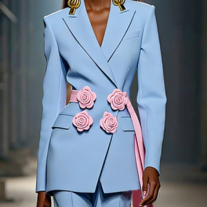 Elegant 3D Floral Plain Lapel Collar Blazer With Belt, Blazers, color:Blue|size:XXL, Stylewe