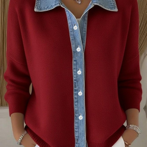 Women Multicolor Block Printed Long Sleeve Shawl Collar Casual Spring/Fall Cardigan Outerwear, JustFashionNow Cardigans, color:Red|size:3XL