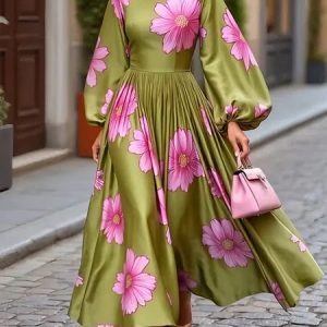 Elegant Floral Balloon Sleeve Printing Crew Neck Maxi Dress, Maxi Dresses, color:Green|size:XXL, Stylewe