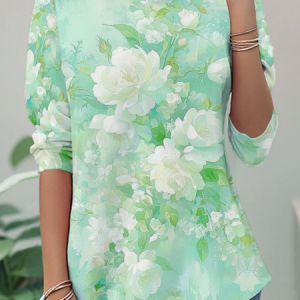 Women Floral Long Sleeve Tee T-shirt Crew Neck Casual Tunic Spring/Fall Top, JustFashionNow T-Shirts, color:Green|size:XXL