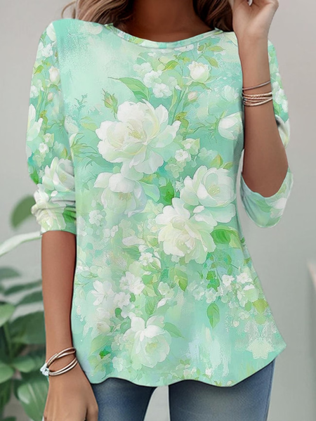 Women Floral Long Sleeve Tee T-shirt Crew Neck Casual Tunic Spring/Fall Top, JustFashionNow T-Shirts, color:Green|size:XXL