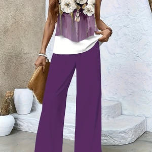 Women Floral Printing Two-Piece Set Daily Sleeveless Casual Summer Top With Pants Matching Set, JustFashionNow Suit Set, color:Purple|size:XXL