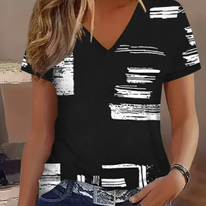 Women Abstract Short Sleeve Tee T-shirt V Neck Printing Vintage Summer Top, JustFashionNow T-Shirts, color:Black|size:4XL