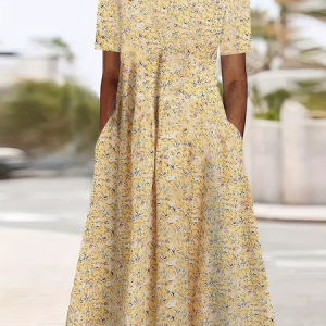 Women Floral Short Sleeve Crew Neck Printing Dress Daily Casual Maxi Shift Dress H-Line Summer Dress, JustFashionNow Casual Dresses, color:Yellow|size:4XL