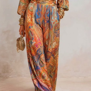 Elegant Paisley Wide Leg Pants H-Line Natural Vacation Trousers, Pants, color:As Picture|size:XXL, Stylewe