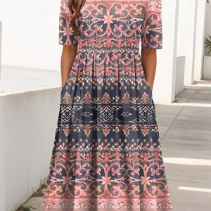 Women Ethnic Short Sleeve Crew Neck Printing Dress Daily Casual Maxi Shift Dress H-Line Summer Dress, JustFashionNow Casual Dresses, color:Pink|size:4XL