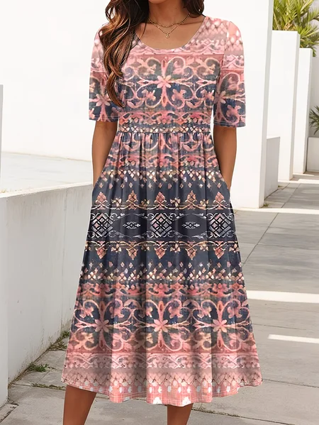 Women Ethnic Short Sleeve Crew Neck Printing Dress Daily Casual Maxi Shift Dress H-Line Summer Dress, JustFashionNow Casual Dresses, color:Pink|size:4XL