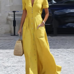 Urban Plain Buttoned Shirt Collar Maxi Dress, Maxi Dresses, color:Yellow|size:XXL, Stylewe
