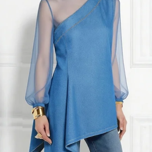 Urban Plain Split Joint Mock Neck Denim Top, Tops, color:Blue|size:XS, Stylewe