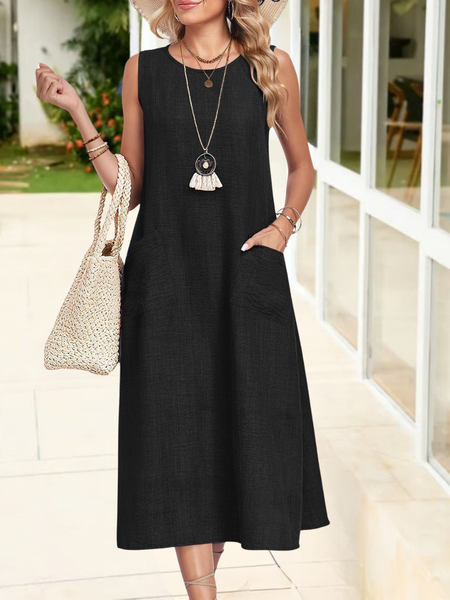 Women Plain Short Sleeve Crew Neck Split Joint Dress Daily Casual Maxi Shift Dress A-Line Summer Dress, JustFashionNow Dresses, color:Black|size:XXL