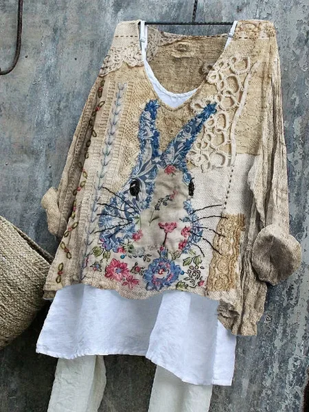 Women Easter (rabbit) V Neck Long Sleeve Blouse Printing Casual Daily Spring/Fall Top, JustFashionNow Blouses, color:As Picture|size:5XL - Image 2