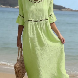 Women Plain Half Sleeve Crew Neck Dress Vacation Vintage Maxi A-Line Summer Dress, JustFashionNow Dresses, color:Aqua|size:3XL