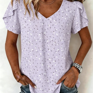 Women Floral V Neck Short Sleeve Shirt Elegant Daily Summer Top, JustFashionNow Blouses, color:Purple|size:5XL