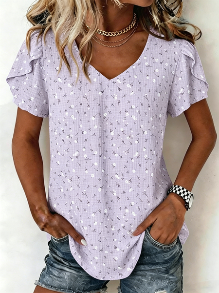Women Floral V Neck Short Sleeve Shirt Elegant Daily Summer Top, JustFashionNow Blouses, color:Purple|size:5XL
