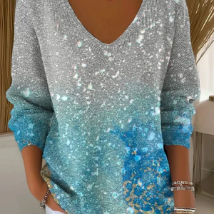 Women Abstract Long Sleeve Tee T-shirt V Neck Printing Casual Spring/Fall Top, JustFashionNow T-Shirts, color:Blue|size:4XL