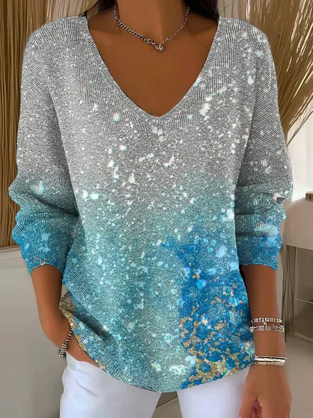 Women Abstract Long Sleeve Tee T-shirt V Neck Printing Casual Spring/Fall Top, JustFashionNow T-Shirts, color:Blue|size:4XL