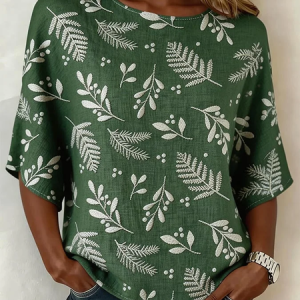 Women Floral Crew Neck Half Sleeve Blouse Printing Vintage Daily Summer Top, JustFashionNow Blouses, color:Green|size:5XL