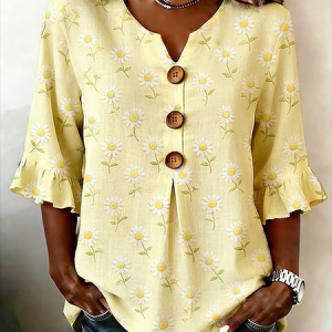 Women Floral V Neck Half Sleeve Blouse Printing Vintage Daily Summer Top, JustFashionNow Blouses, color:Yellow|size:5XL