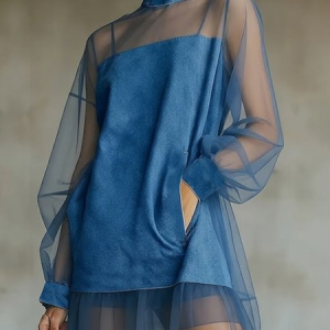 Urban Plain Balloon Sleeve Split Joint Mock Neck Denim Mini Dress, Mini Dresses, color:Blue|size:XS, Stylewe