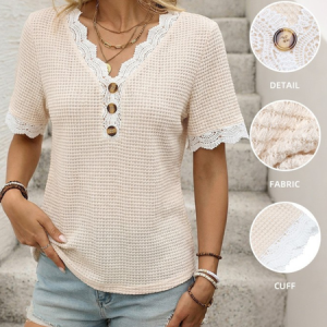 Casual Plain V Neck Short Sleeve T-shirt, T-shirts, color:Apricot|size:XL, catalog Noracora shop