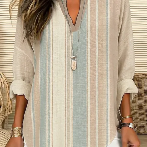 Women Striped V Neck Long Sleeve Blouse Printing Casual Daily Spring/Fall Top, JustFashionNow Blouses, color:Khaki|size:5XL