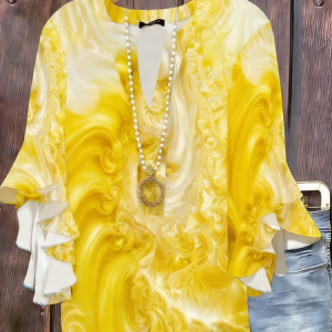 Women Abstract V Neck Half Sleeve Shirt Printing Casual Daily Summer Top, JustFashionNow Shirts, color:Yellow|size:5XL