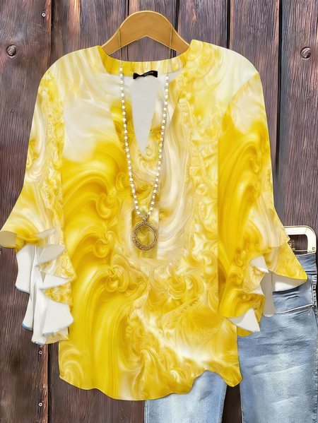 Women Abstract V Neck Half Sleeve Shirt Printing Casual Daily Summer Top, JustFashionNow Shirts, color:Yellow|size:5XL