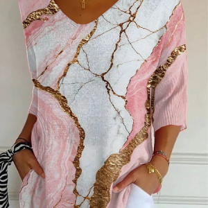 Women Abstract Three Quarter Sleeve Tee T-shirt V Neck Printing Casual Graphic Tee Spring/Fall Top, JustFashionNow T-Shirts, color:Pink|size:5XL