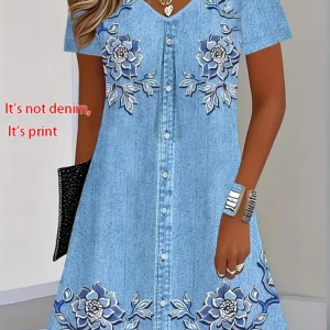 Women Floral Short Sleeve V Neck Printing Dress Daily Casual Knee Length T-Shirt Dress H-Line Summer Dress, JustFashionNow Casual Dresses, color:Blue|size:XXL