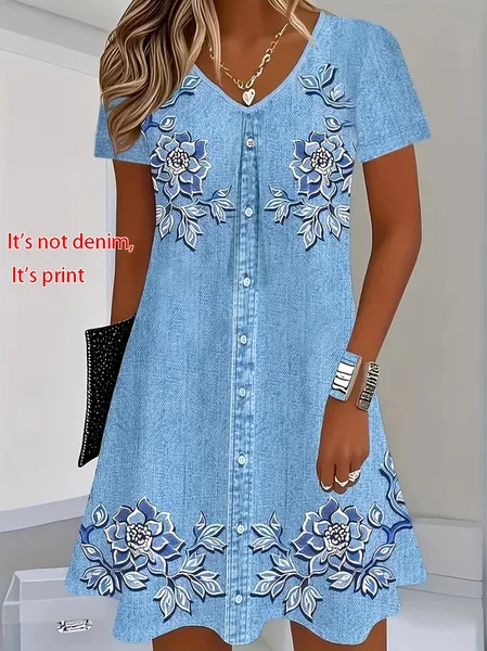 Women Floral Short Sleeve V Neck Printing Dress Daily Casual Knee Length T-Shirt Dress H-Line Summer Dress, JustFashionNow Casual Dresses, color:Blue|size:XXL