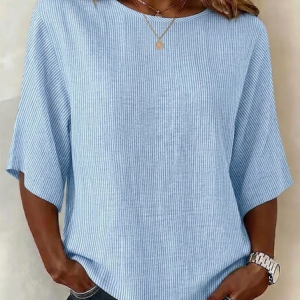 Women Striped Crew Neck Half Sleeve Blouse Printing Vintage Daily Summer Top, JustFashionNow Blouses, color:Blue|size:5XL