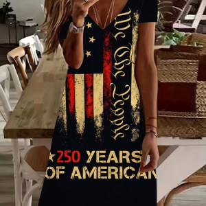 Women America Flag Short Sleeve V Neck Dress Daily Casual Midi Fit & Flare Dress A-Line Summer Dress, JustFashionNow Casual Dresses, color:Black|size:5XL