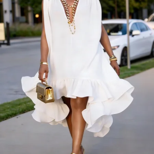 Elegant Plain Peplum V Neck Midi Dress, Midi Dresses, color:White|size:XXL, Stylewe