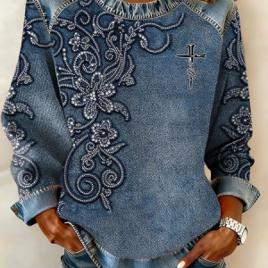 Women Cross Crew Neck Printing Vintage Spring/Fall Long Sleeve Sweatshirt, JustFashionNow Sweatshirts & Hoodies, color:Blue|size:4XL