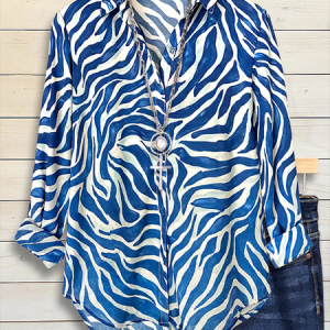 Women Abstract Shirt Collar Long Sleeve Shirt Buckle Regular Sleeve Casual Daily Spring/Fall Top, JustFashionNow Shirts, color:Blue|size:XXL