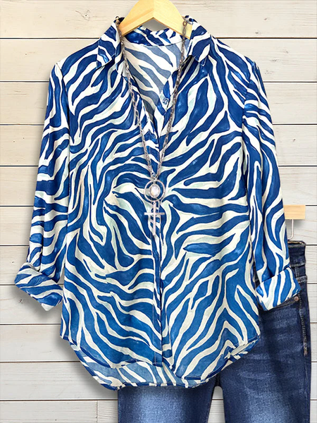 Women Abstract Shirt Collar Long Sleeve Shirt Buckle Regular Sleeve Casual Daily Spring/Fall Top, JustFashionNow Shirts, color:Blue|size:XXL