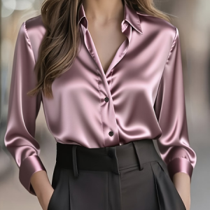 Women Plain Shawl Collar Long Sleeve Shirt Casual Daily Spring/Fall Top, JustFashionNow Shirts, color:Pink|size:XXL