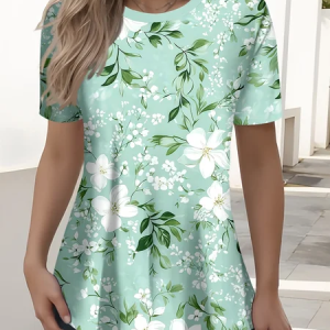 Casual Floral Crew Neck Short Sleeve T-shirt, T-shirts, color:Green|size:XXL, catalog Noracora shop