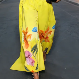 Casual Floral Printing Wide Leg Pants, Pants, color:Yellow|size:XXL, Stylewe
