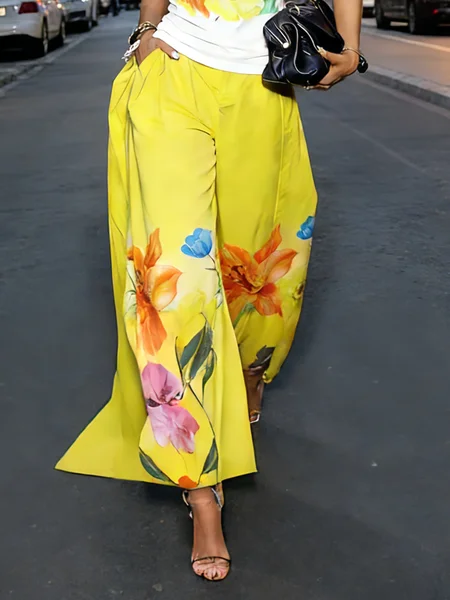 Casual Floral Printing Wide Leg Pants, Pants, color:Yellow|size:XXL, Stylewe