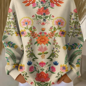 Women Floral Crew Neck Printing Casual Spring/Fall Long Sleeve Sweatshirt, JustFashionNow Sweatshirts & Hoodies, color:Apricot|size:5XL
