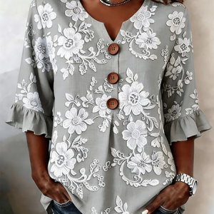 Women Floral V Neck Half Sleeve Blouse Printing Vintage Daily Summer Top, JustFashionNow Blouses, color:Gray|size:5XL