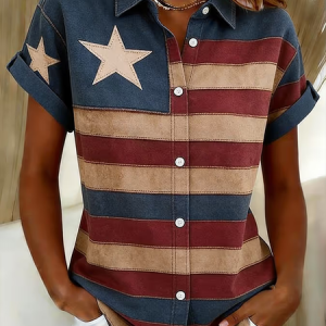 Women Independence Day (Flag) Shirt Collar Short Sleeve Shirt Printing Casual Daily Summer Top, JustFashionNow Shirts, color:As Picture|size:XXL